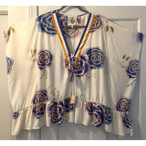 Anthropologie Z&L Europe Boho Floral Kimono Cover Up Tunic Tassels Swim Small V